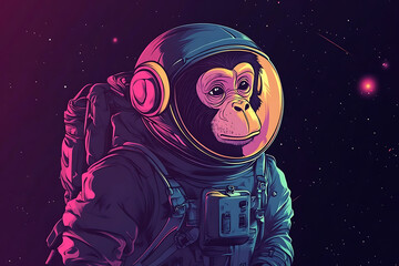A stylized monkey in a spacesuit floating in space, blending humor and science fiction.