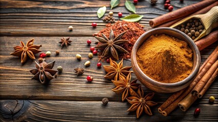 Chinese five spice powder and raw materials on rustic wooden background, traditional, seasoning, spices, food