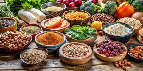 Close-up of various food products rich in essential minerals for the human body, nutrition, health, minerals, vitamins