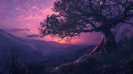 Fototapeta premium Sunset Mountain Landscape with a Majestic Tree