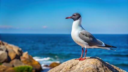 Obraz premium Black headed gull standing on a rock by the ocean shore under the clear blue sky, seagull, bird, wildlife, nature, shore, ocean
