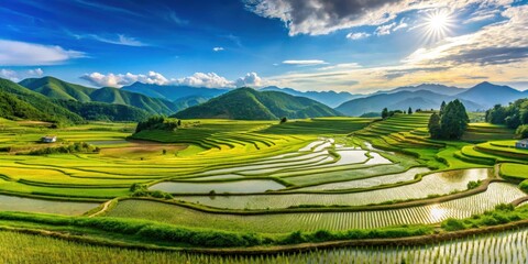Fototapeta premium Rice fields stretching across the vast landscape of Northeast China in the month of July, rice, agriculture, crops