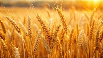 Fototapeta premium Closeup of golden wheat ears in a vast field , Harvest, agriculture, crops, farming, rural, nature, growth, summer, field, grain