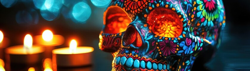 A vibrant, decorated skull with intricate patterns and glowing colors, surrounded by soft candlelight, embodying cultural celebration.