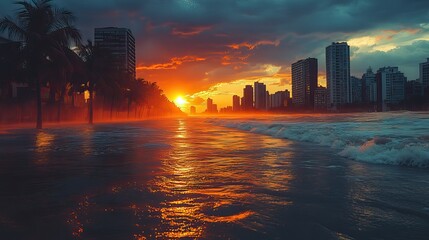 Fototapeta premium Floodwaters engulf a coastal city due to rising sea levels, a clear example of how global warming is threatening urban areas in vulnerable regions.