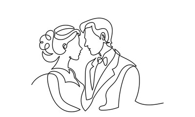 Single line drawing of a cute beautiful couple.A couple of kissing line drawings. continuous one-line drawing. A married couple with a romantic moment wife and husband isolate on a white background.
