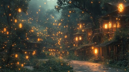 Giant trees dominate an abandoned city, fireflies flitting through the twilight as nature reclaims the space.