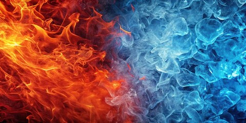 Abstract background texture of red fire battling against blue ice , contrast, vivid, hot, cold, elemental, battle, clash