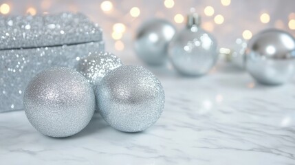 Silver ornaments and a decorative gift box spread holiday cheer amidst shimmering lights on a smooth marble surface