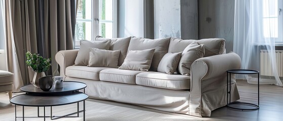 Trendy interior of living room with comfortable sofa