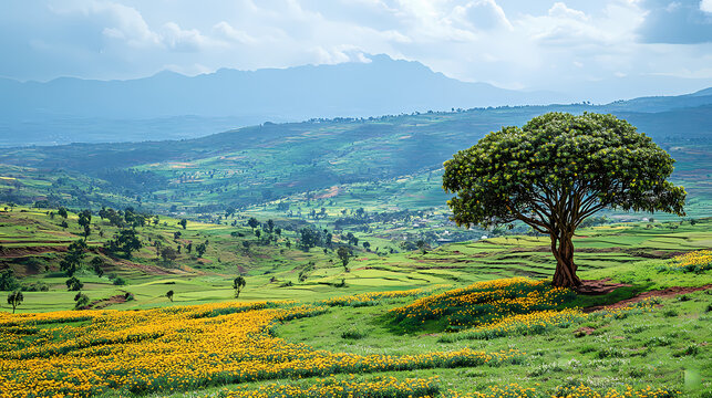 An acacia tree and meskel flowers appear after the rains. green fertile fields and the simien mountains, ethiopia. Ethiopian Highlands. Illustration
