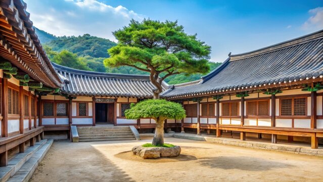 Courtyard of Korean Confucian Academy with small tree and eastern dormitory in Byeongsan Seowon, Andong , Korea