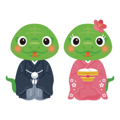 晴れ姿の巳年の緑蛇キャラクター　男女1