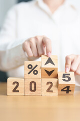 Naklejka premium 2024 to 2025 New year with percentage change to UP and Down arrow. Interest rate, GDP, stocks market, financial, deflation and Inflation, mortgage, debt, Loan and Economic Recession