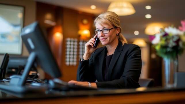 The hotel manager is engaged in her work, speaking on the phone and typing on the computer at a well-organized reception desk. A vase of flowers adds a touch of elegance
