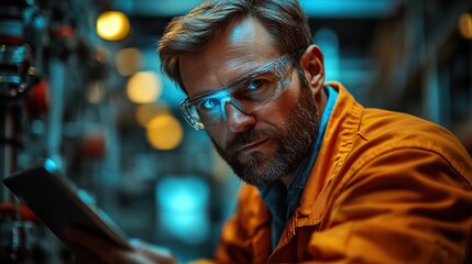 In a dimly lit factory, a male engineer works on a glowing digital tablet, navigating complex industrial processes.