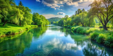 Serene river flowing through vibrant greenery in a protected natural reserve, river, serene, greenery, nature, protected