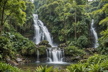 Obraz premium A beautiful waterfall flowing through lush greenery in a tropical forest, perfect for nature, travel, or relaxation themes. 