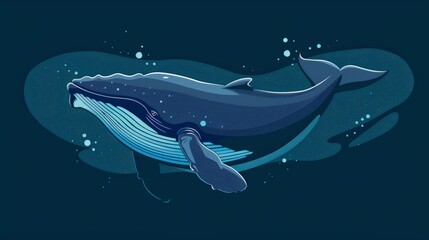 Fototapeta premium a blue whale gliding through deep ocean waters flat design side view marine giant theme cartoon drawing vivid