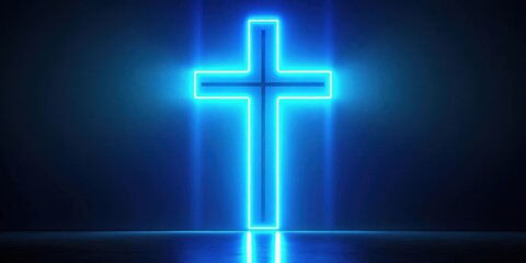 Obraz premium Cross blue light glowing on a neon background, blue, light, neon,background, vibrant, glowing, illuminated, electric