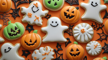 オレンジ背景にハロウィンのアイシングクッキーが並べられた可愛いポップな背景素材