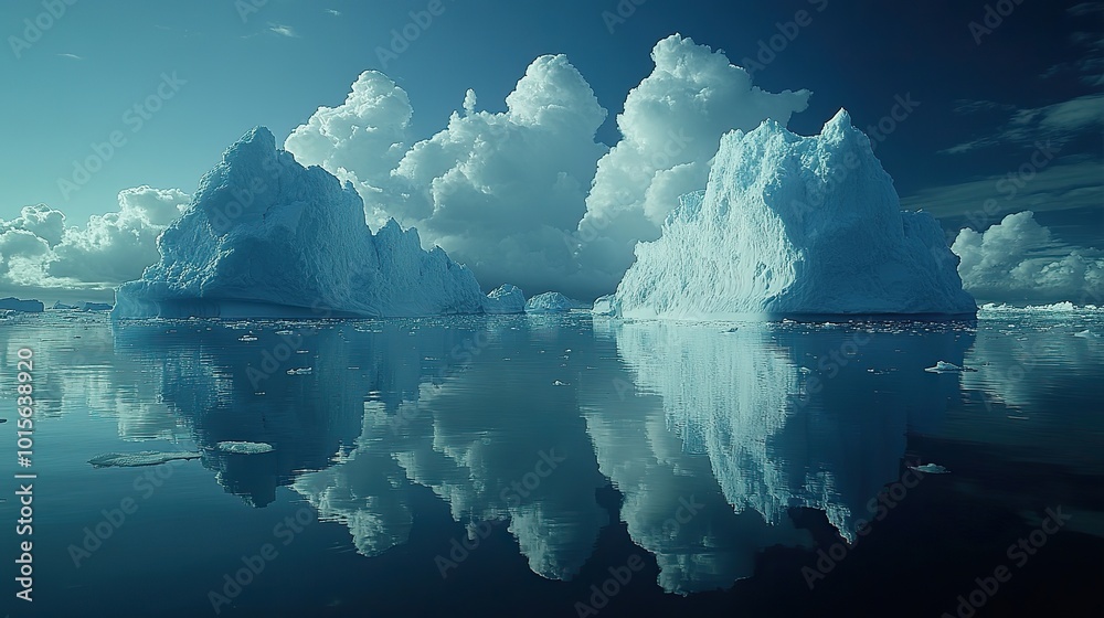 Wall mural large chunks of ice float on a body of water, with clouds hanging overhead, capturing the stark real