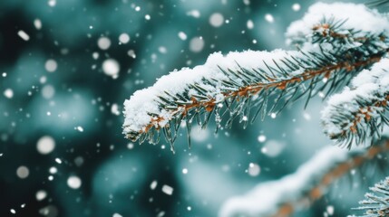 Gentle snowflakes fall onto snow-covered pine branches, creating a peaceful winter atmosphere in a tranquil setting