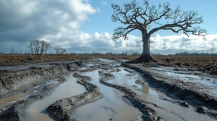 Leafless trees stand on a muddy embankment in the wake of a cyclone, highlighting the devastation caused by the storm.