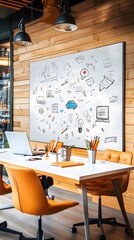 Modern office workspace with whiteboard and orange chairs.