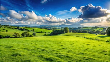 Fototapeta premium Empty green grass field with panoramic views, perfect for grazing livestock and agricultural activities, farmland