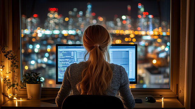 Shot from the back of a young woman hacker or coder working late at her office or apartment in front of a window with city view