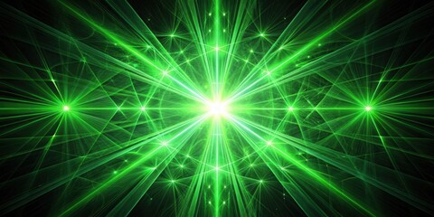 Fototapeta premium Green glowing fractal shapes and rays on black background, fractal, rendering, abstract, patterns, green, glowing