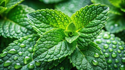 Close up shot of fresh mint leaves with water droplets on them, mint, herb, green, plant, refreshing, organic, natural