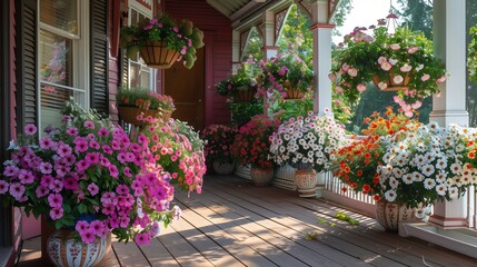 A Victorian porch with lush flower baskets in the summer sun