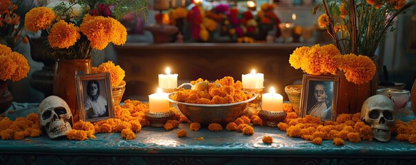 A vibrant altar adorned with marigolds, candles, and photographs, celebrating the essence of life and remembrance.