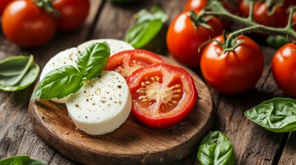 A rustic wooden board with mozzarella cheese, tomato slices, and basil leaves, ready to be made into a salad or caprese.