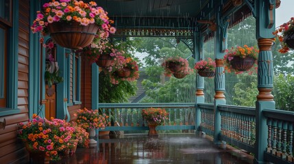 Obraz premium This charming Victorian porch is enhanced by vibrant flower baskets, freshly washed by a light rain.