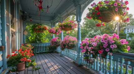 Obraz premium A Victorian porch bathed in the summer sun, featuring vibrant flower baskets.