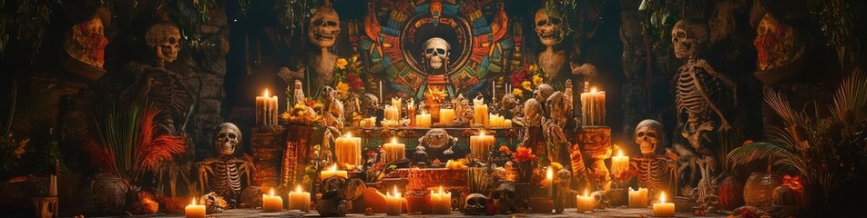 A vibrant altar adorned with candles, skulls, and colorful decorations, representing a traditional celebration of life and death.