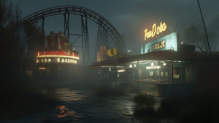 Abandoned 3D Park at Night with Overgrown Roller Coaster