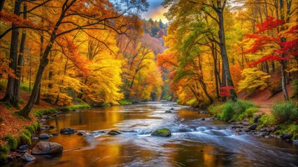 River flowing through a forest painted in vibrant autumn colors, river, autumn, colors, forest, trees, foliage, landscape