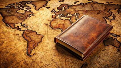 Close-up of a worn leather-bound book against a vintage map backdrop, leather, book, vintage, map, backdrop, close-up