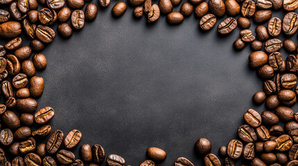 top view close up of coffee beans arranged in circular pattern on dark surface, showcasing their rich textures and colors, perfect for coffee lovers