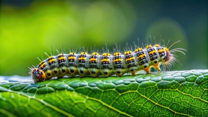 Fototapeta premium Caterpillar on a green leaf, caterpillar, insect, nature, close-up, macro, wildlife, camouflage, green, crawling, beautiful, outdoor