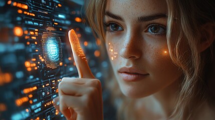 Woman Scanning Fingerprint on Digital Screen