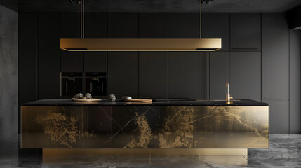Luxury kitchen with a sleek black and gold palette, featuring a floating marble island, integrated appliances, and elegant brass fixtures for a high-end, sophisticated design.