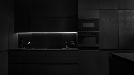 Minimalist black kitchen interior design with matte cabinetry, a built-in oven, and a seamless countertop, enhanced by hidden storage and under-cabinet LED lighting for a futuristic look.