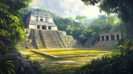 Ancient mesoamerican ball court surrounded by lush jungle foliage and majestic pyramidal structures in the archaeological site of palenque, chiapas, mexico. Mayan Ball Court. Illustration