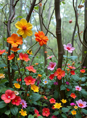 Obraz premium Whimsical Fairy Forest with Bright Colors: Enchanted Vines, Flowers, and Magic Nature