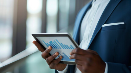 a businessman holding a digital tablet with business data statistics display on it, data audit or analysis concept 